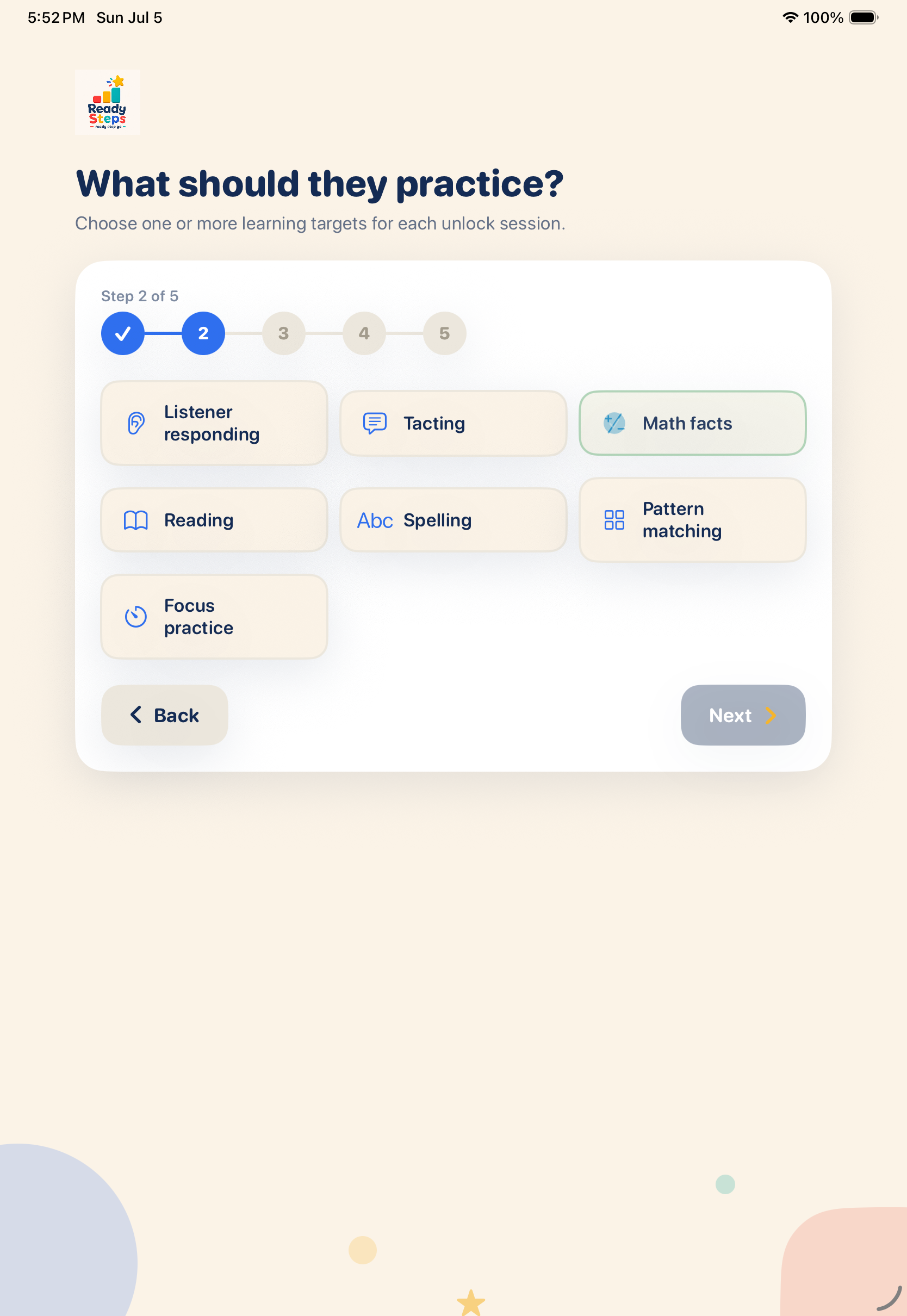 ReadySteps app screen asking what the child should practice, with selectable learning target buttons.