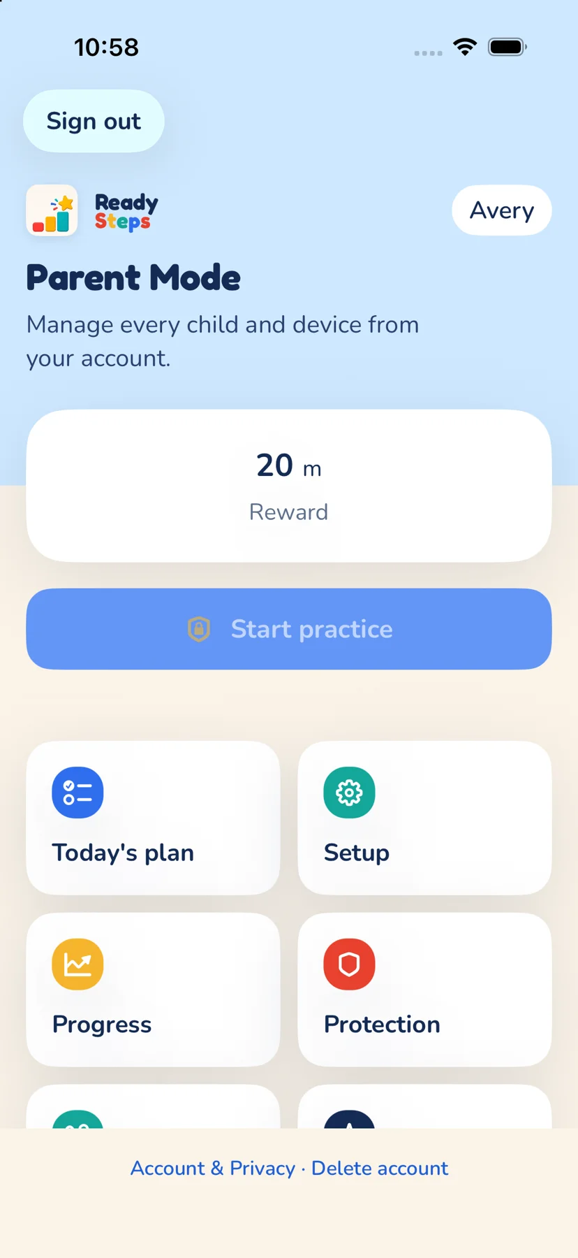 ReadySteps Parent Mode home on a phone for a child named Avery, showing a 20-minute reward and tiles for Today's plan, Setup, Progress and Protection